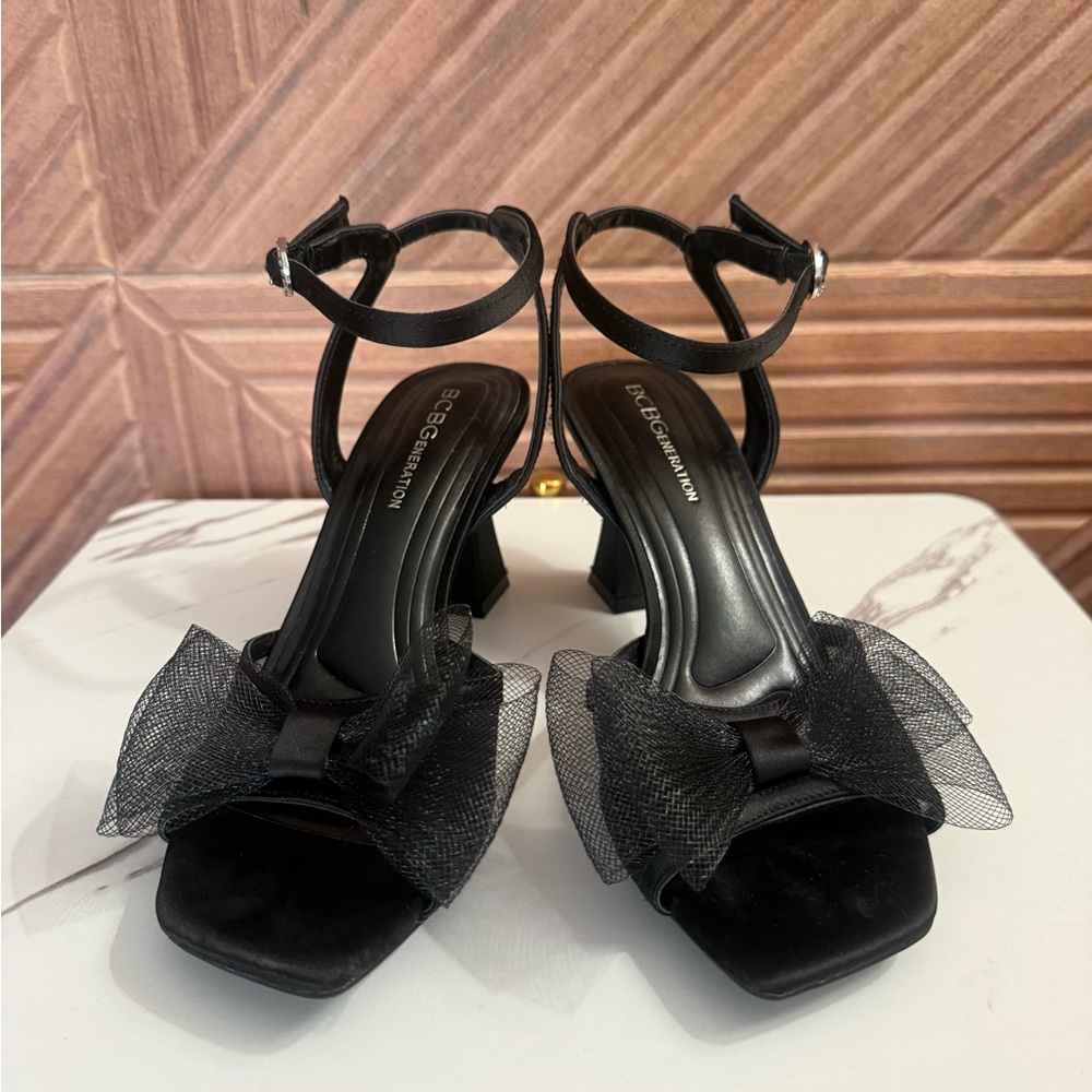 BCBG Black Bow Ankle-Strap Heels